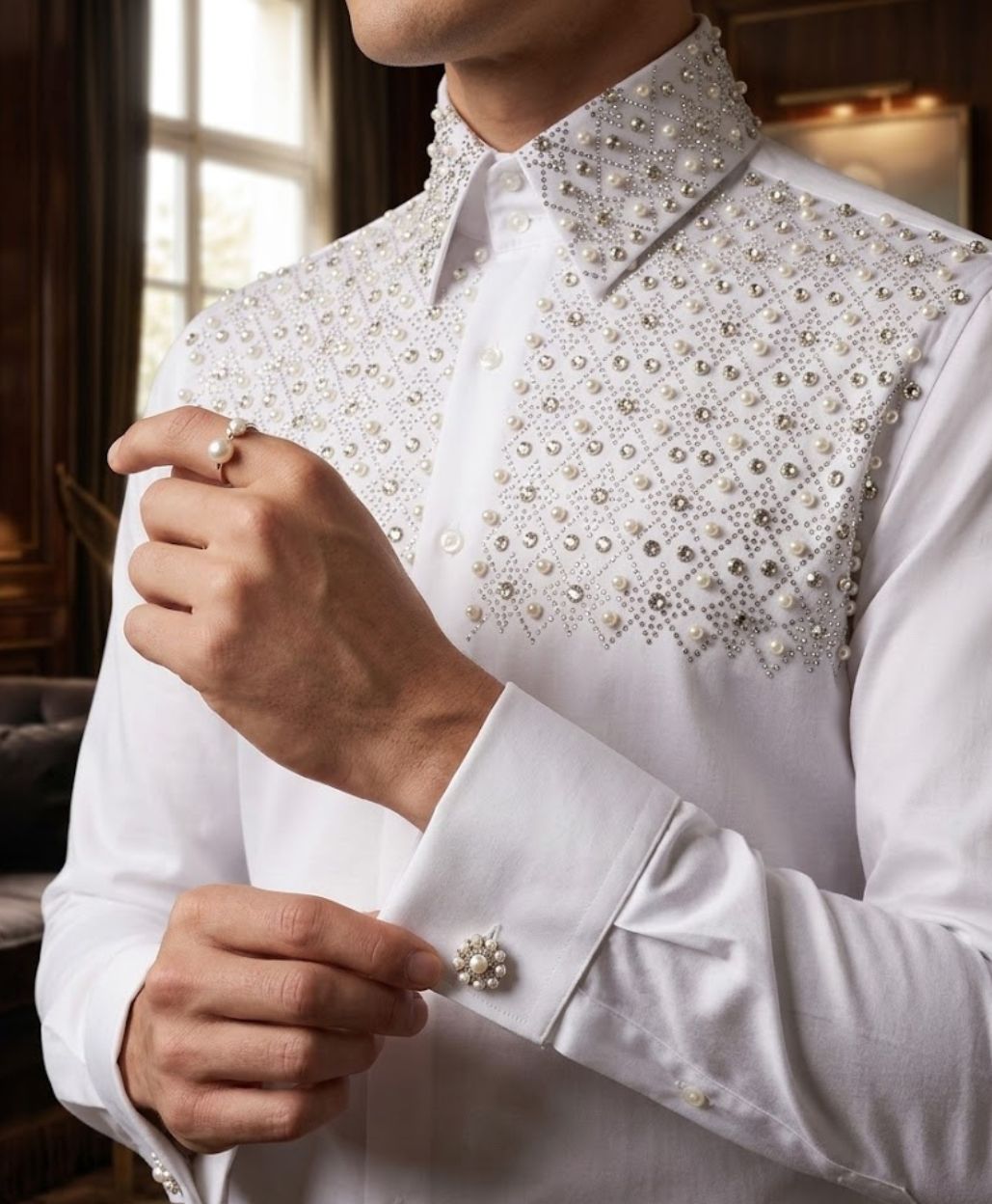 Men's White Geometric Rhinestone Yoke Dress Shirt | Koss Atelier