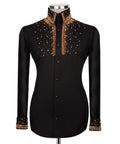 Black long-sleeve embroidered shirt with gold-toned stone accents, button front