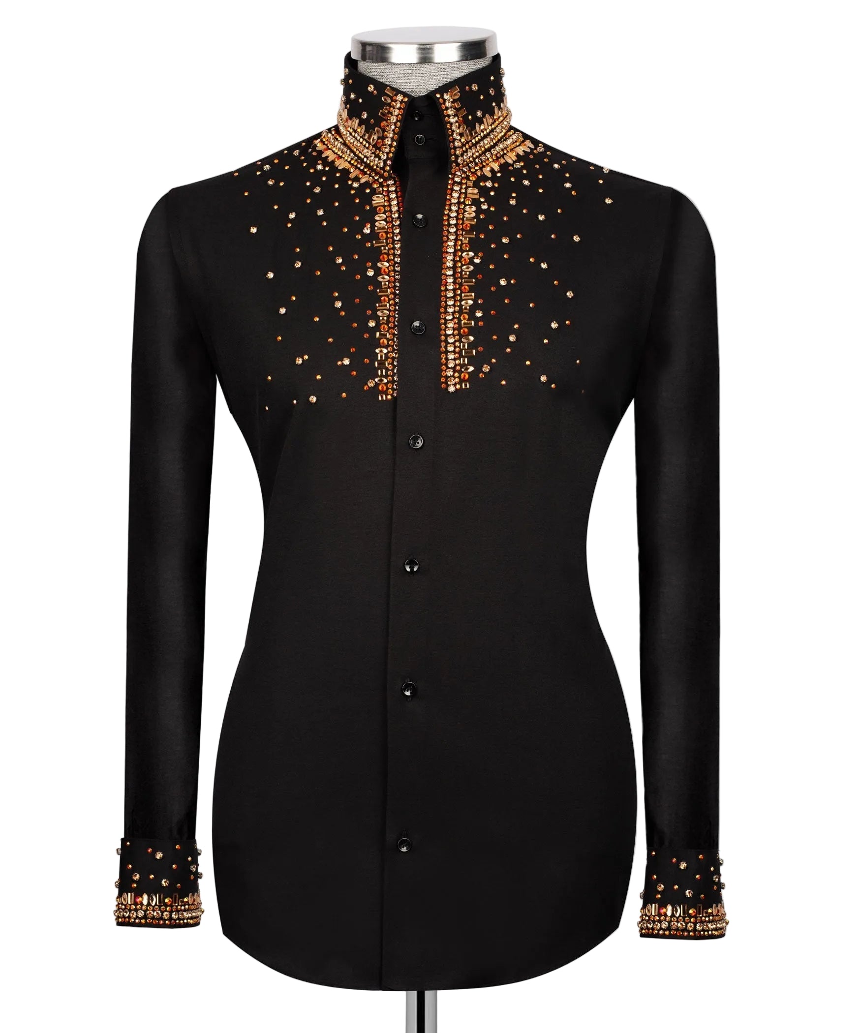 Black long-sleeve embroidered shirt with gold-toned stone accents, button front