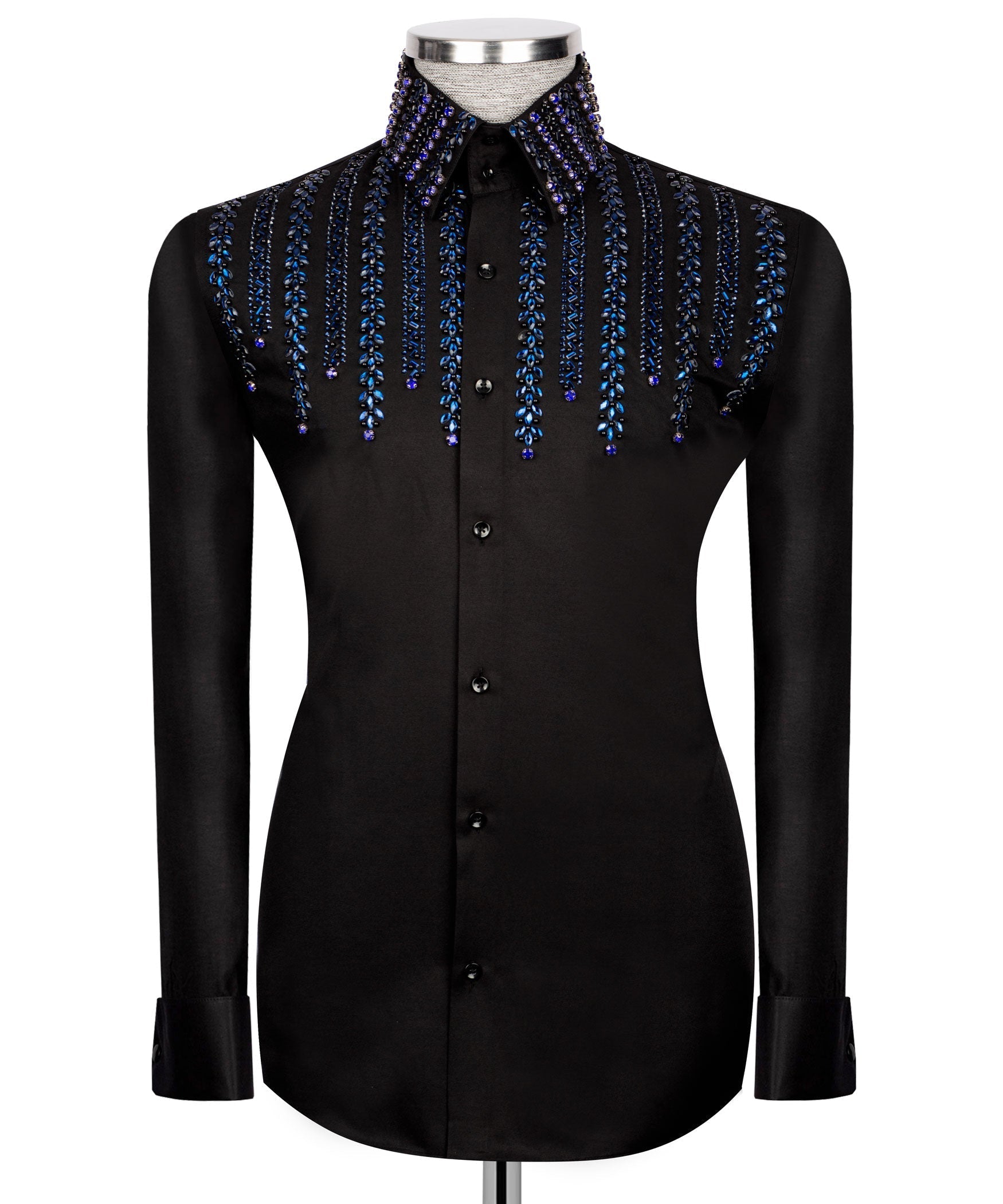 Men's Black Cascading Sapphire Crystal Embellished Dress Shirt