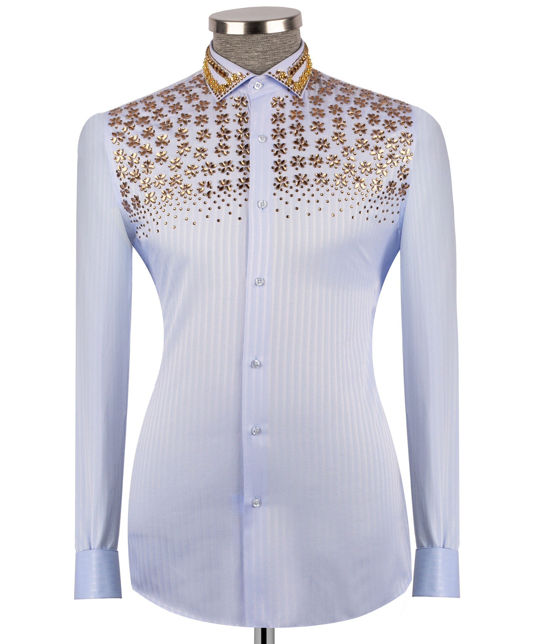 Light blue dress shirt with gold stone floral yoke and jeweled collar