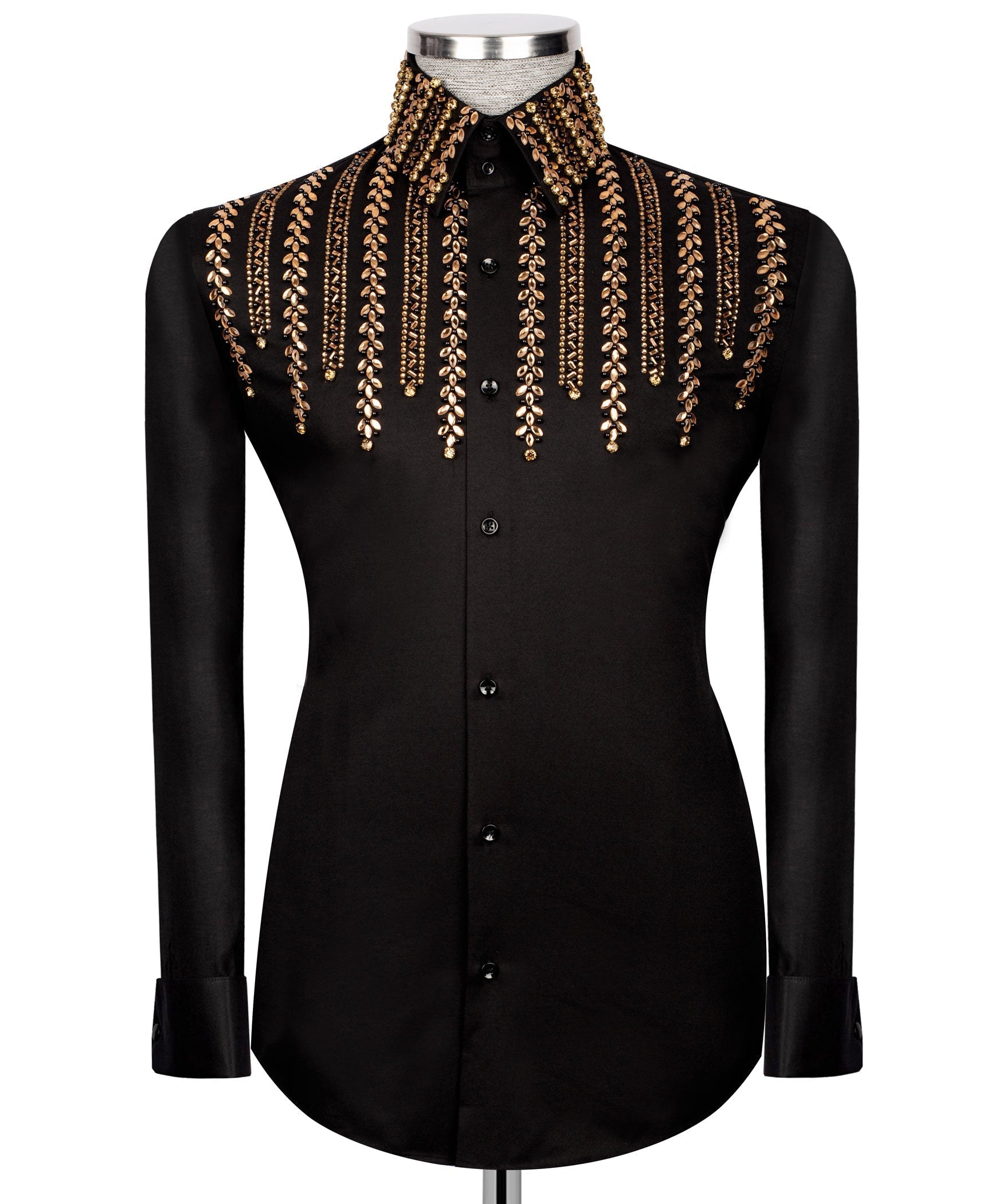 Men's Luxury Black & Gold Cascading Rhinestone Dress Shirt