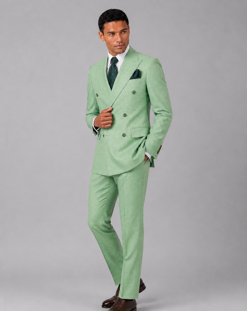 A man modeling a light green double-breasted suit with a white dress shirt, a dark green patterned tie, and brown dress shoes, set against a solid gray studio background.