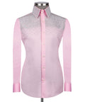 Pink long-sleeve button-down shirt with stone-embroidered yoke and front placket
