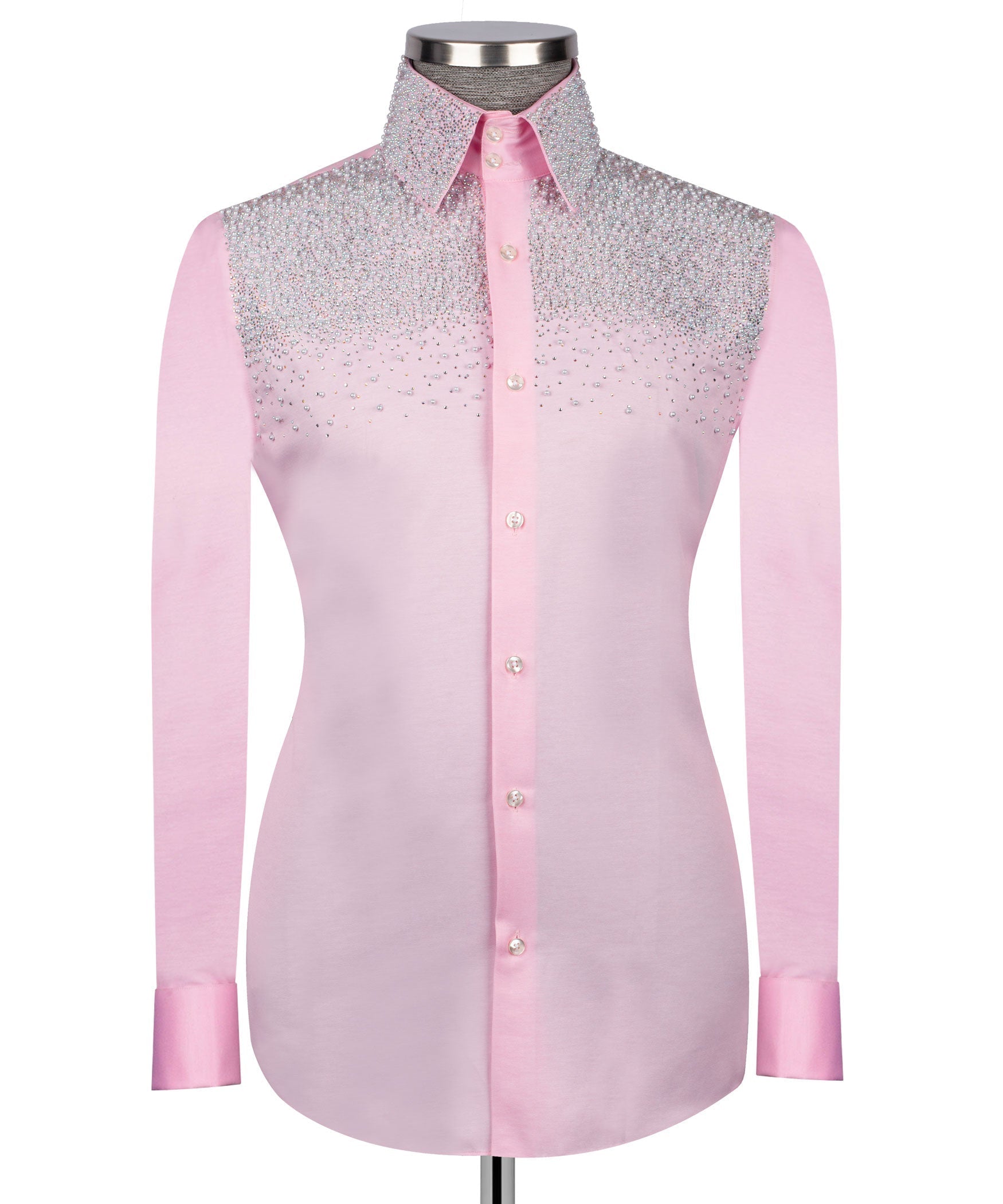 Pink long-sleeve button-down shirt with stone-embroidered yoke and front placket