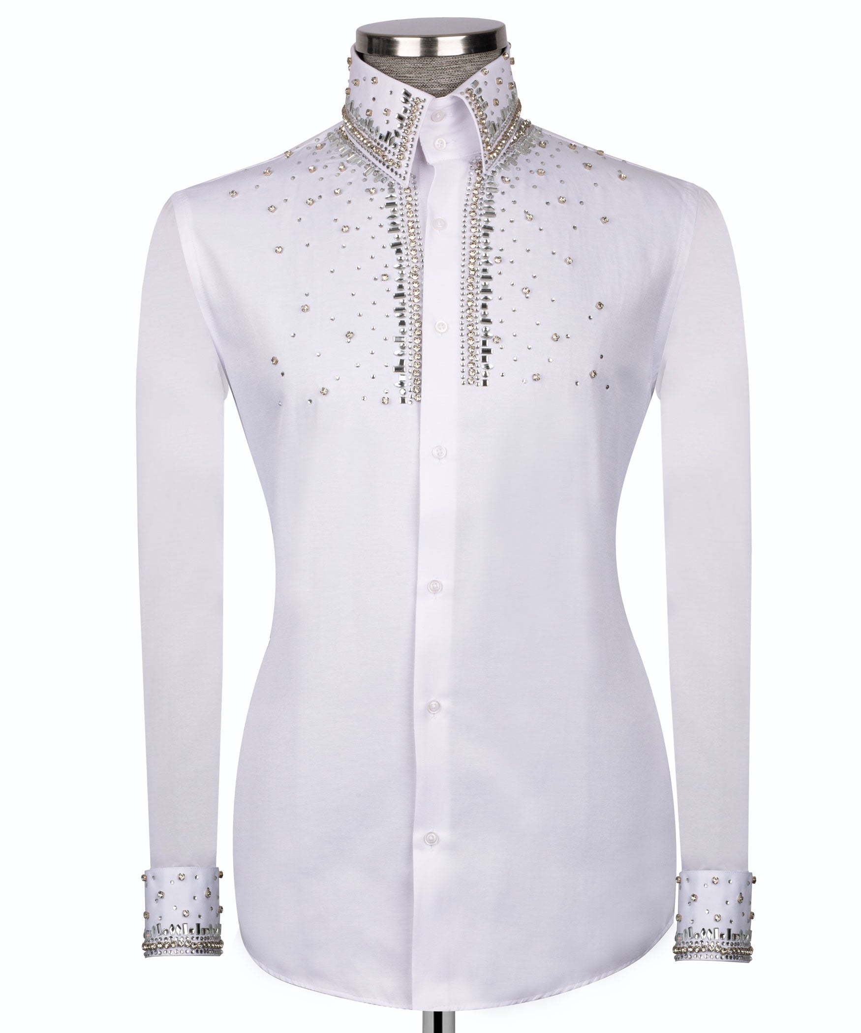 White long-sleeve casual shirt with stone embroidery and studded placket
