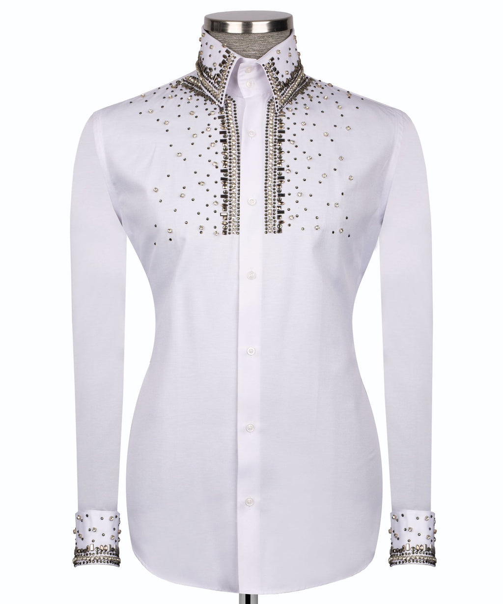 Men's White Crystal Embellished Placket & Cuff Dress Shirt