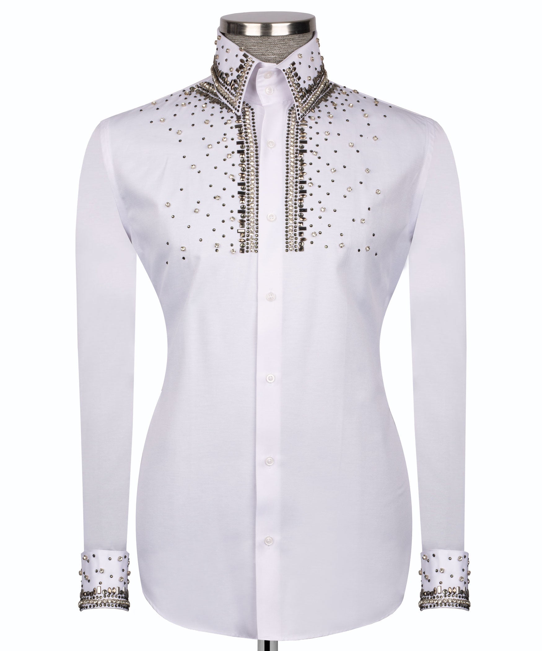 Men's White Crystal Embellished Placket & Cuff Dress Shirt
