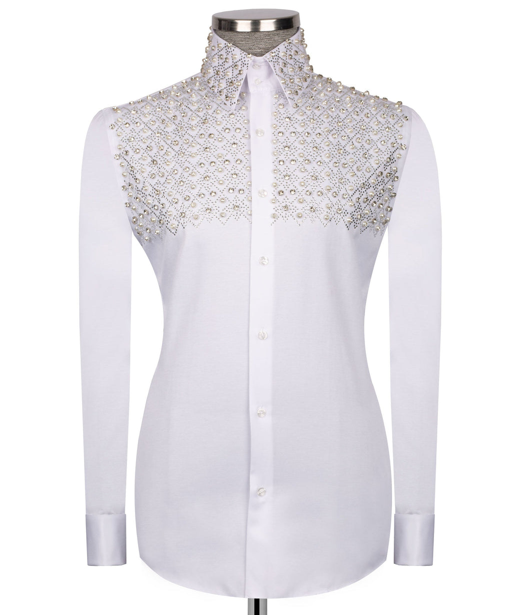 White stone-embroidered dress shirt with stand collar and button placket