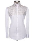 White stone-embroidered dress shirt with stand collar and button placket