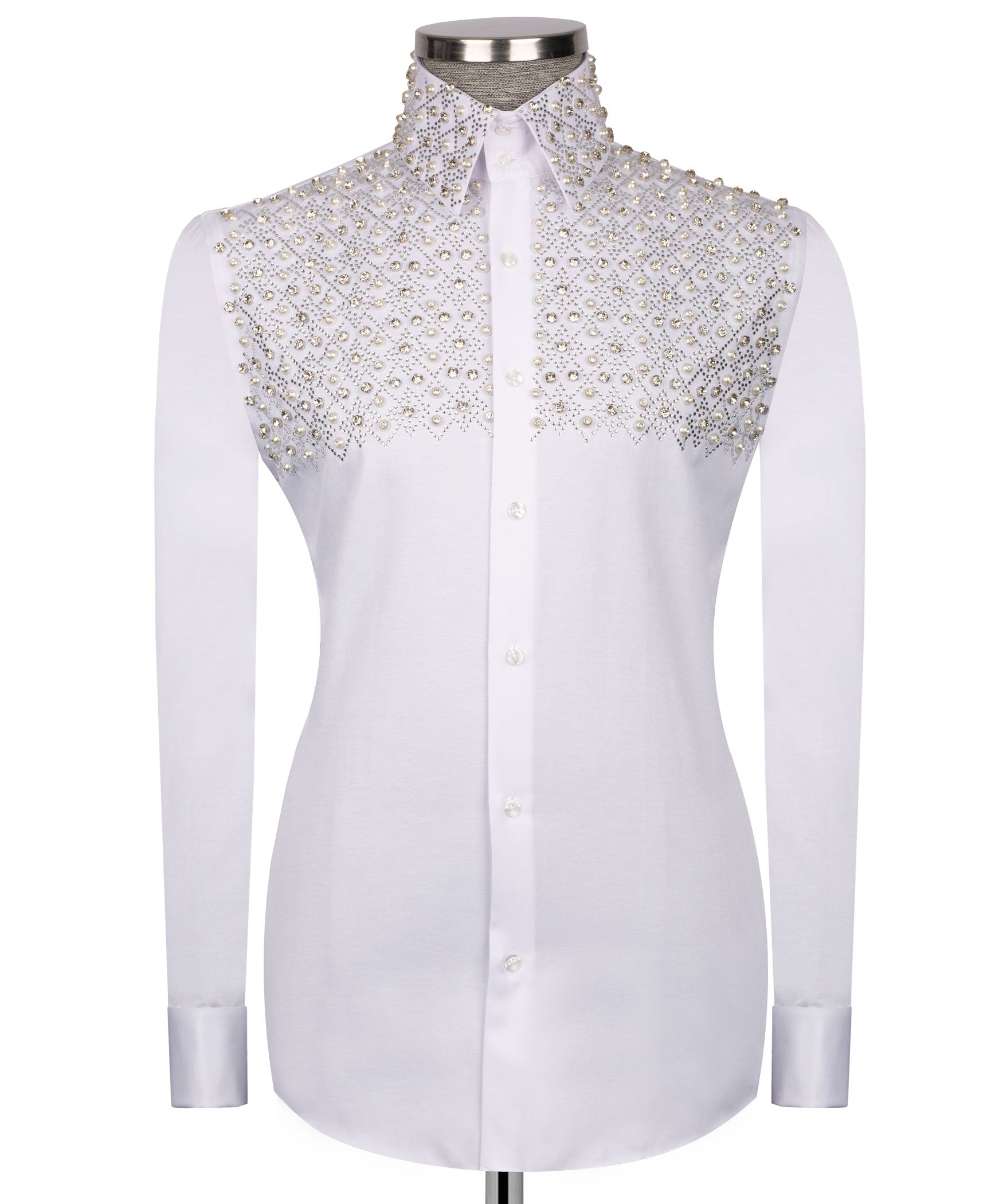 White stone-embroidered dress shirt with stand collar and button placket
