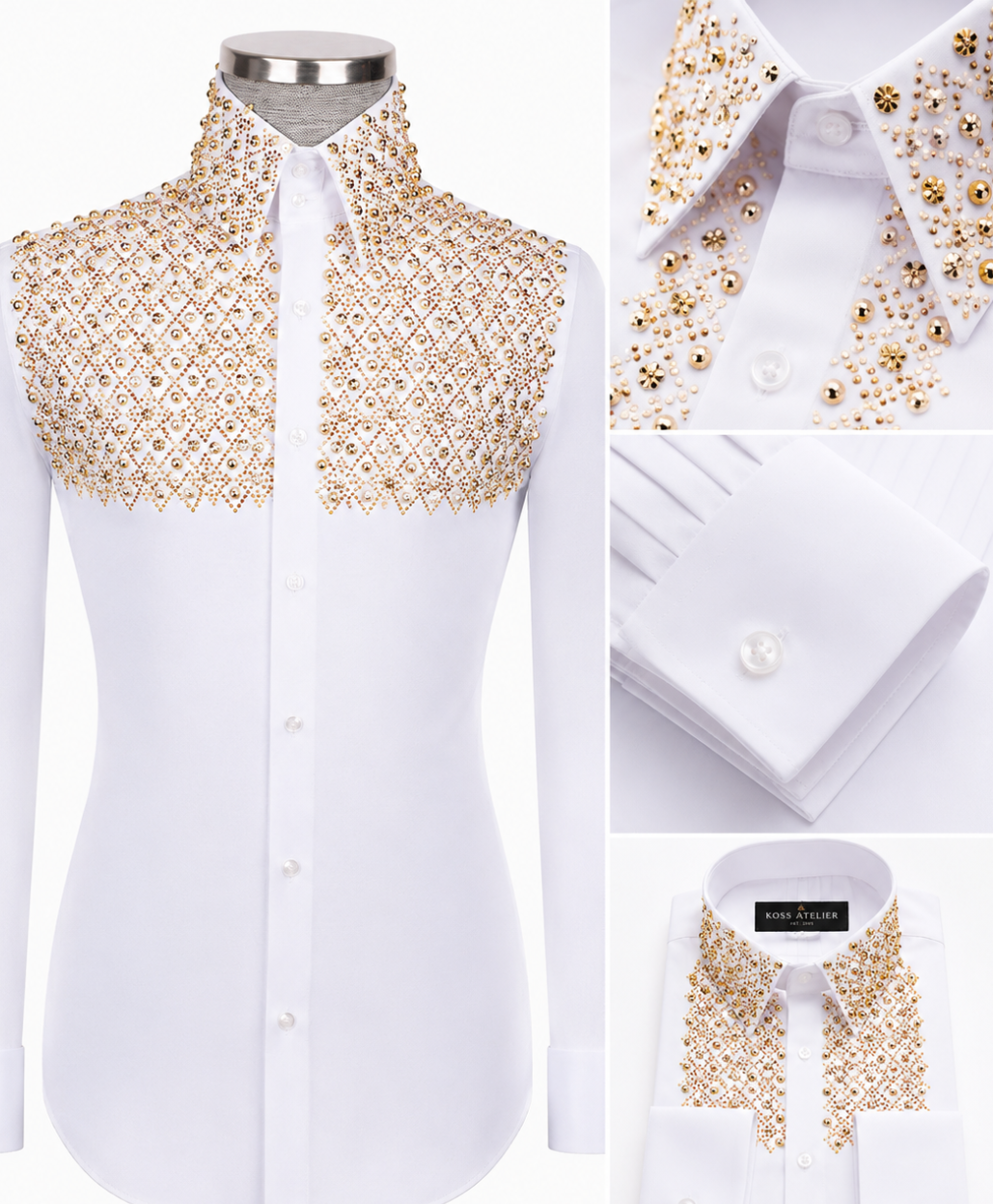 White & Gold Diamond Studded Geometric Shirt | Koss Atelier