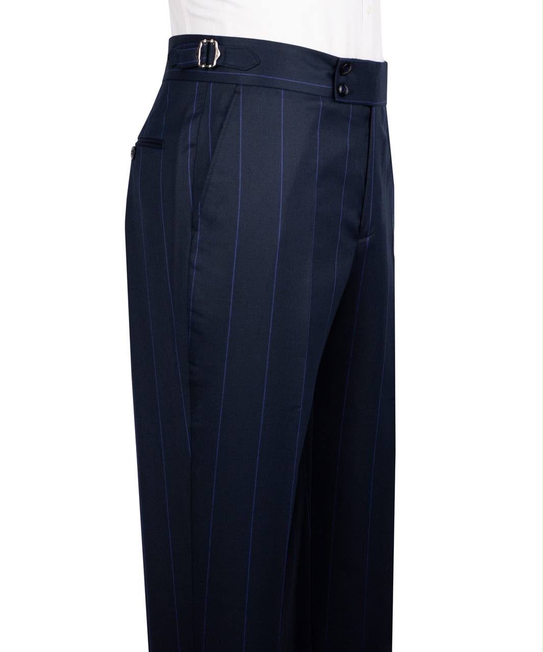 Navy pinstripe pants with a belt on a white background