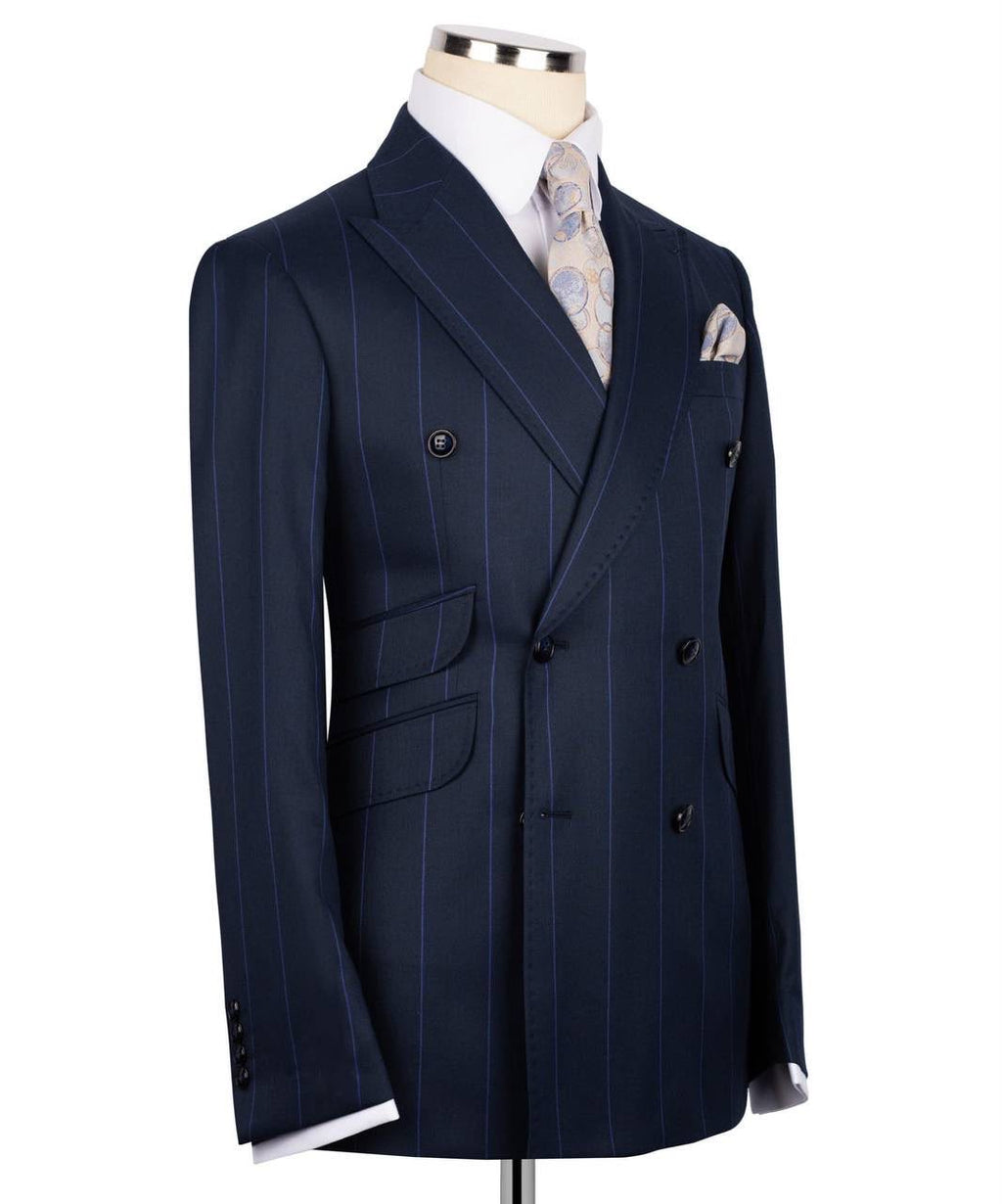 Navy pinstripe suit jacket on a mannequin with a white background