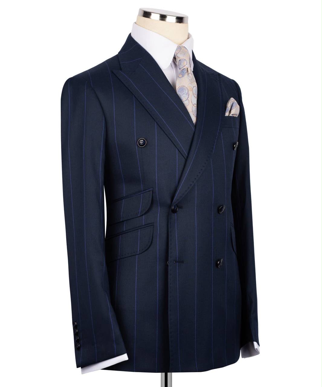 Navy pinstripe suit jacket on a mannequin with a white background