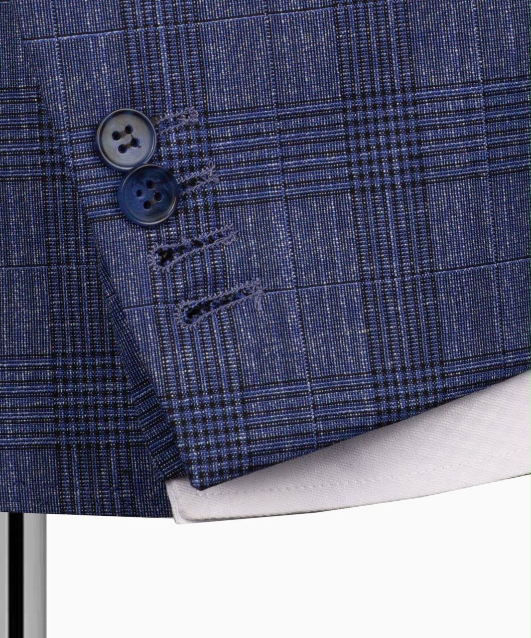 Close-up of a blue checkered suit jacket with two buttons 