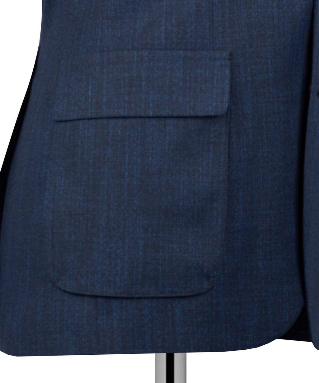 Close-up of a navy blue textured blazer jacket with a single front flap pocket, displayed on a mannequin torso against a white background.