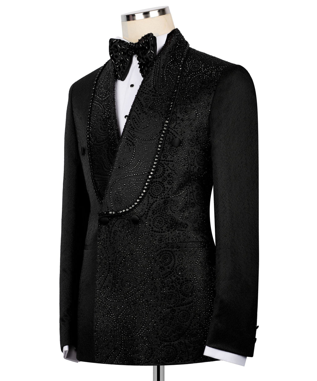Black embroidered tuxedo jacket with embellished vest and black bow tie, front