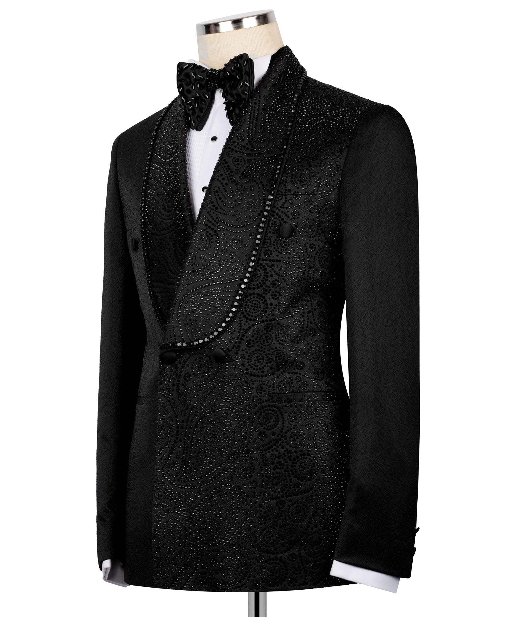 Black embroidered tuxedo jacket with embellished vest and black bow tie, front