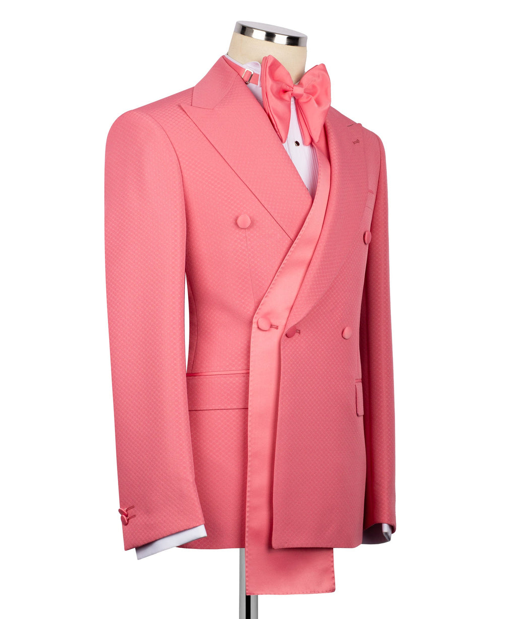 Pink 3-piece tuxedo with long vest, shawl lapel jacket, and bow tie
