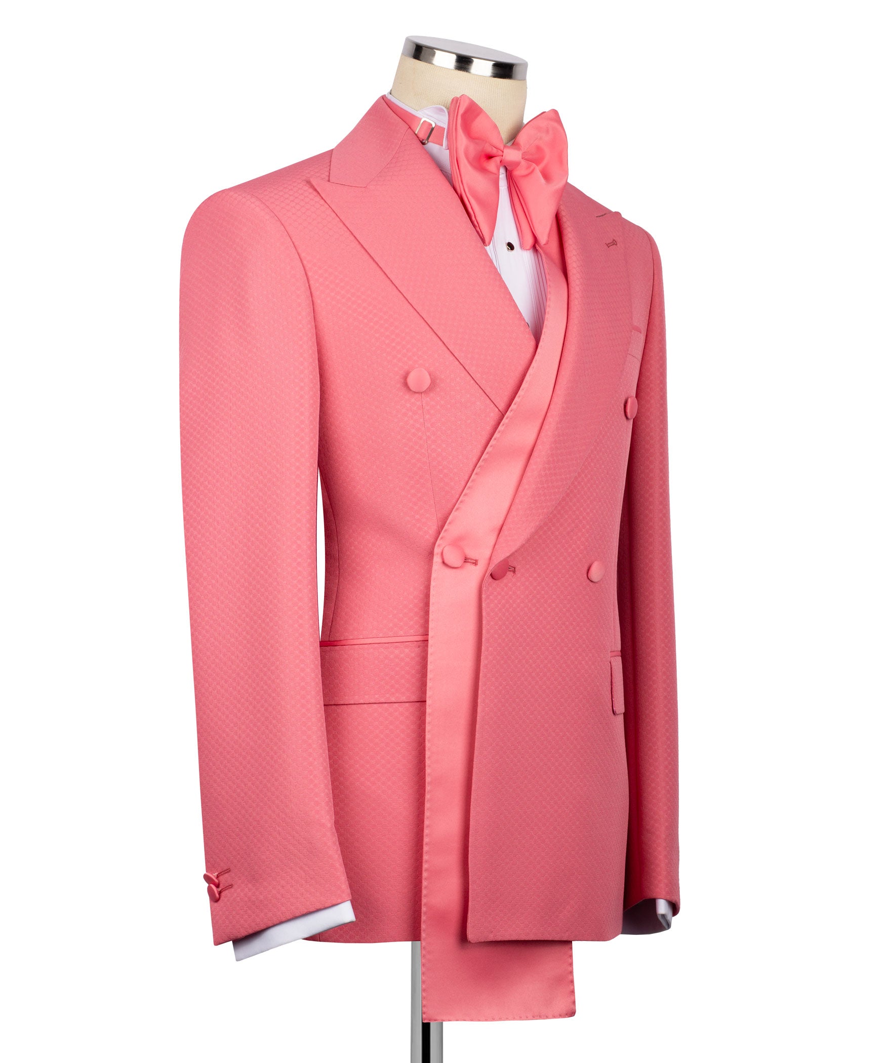 Pink 3-piece tuxedo with long vest, shawl lapel jacket, and bow tie