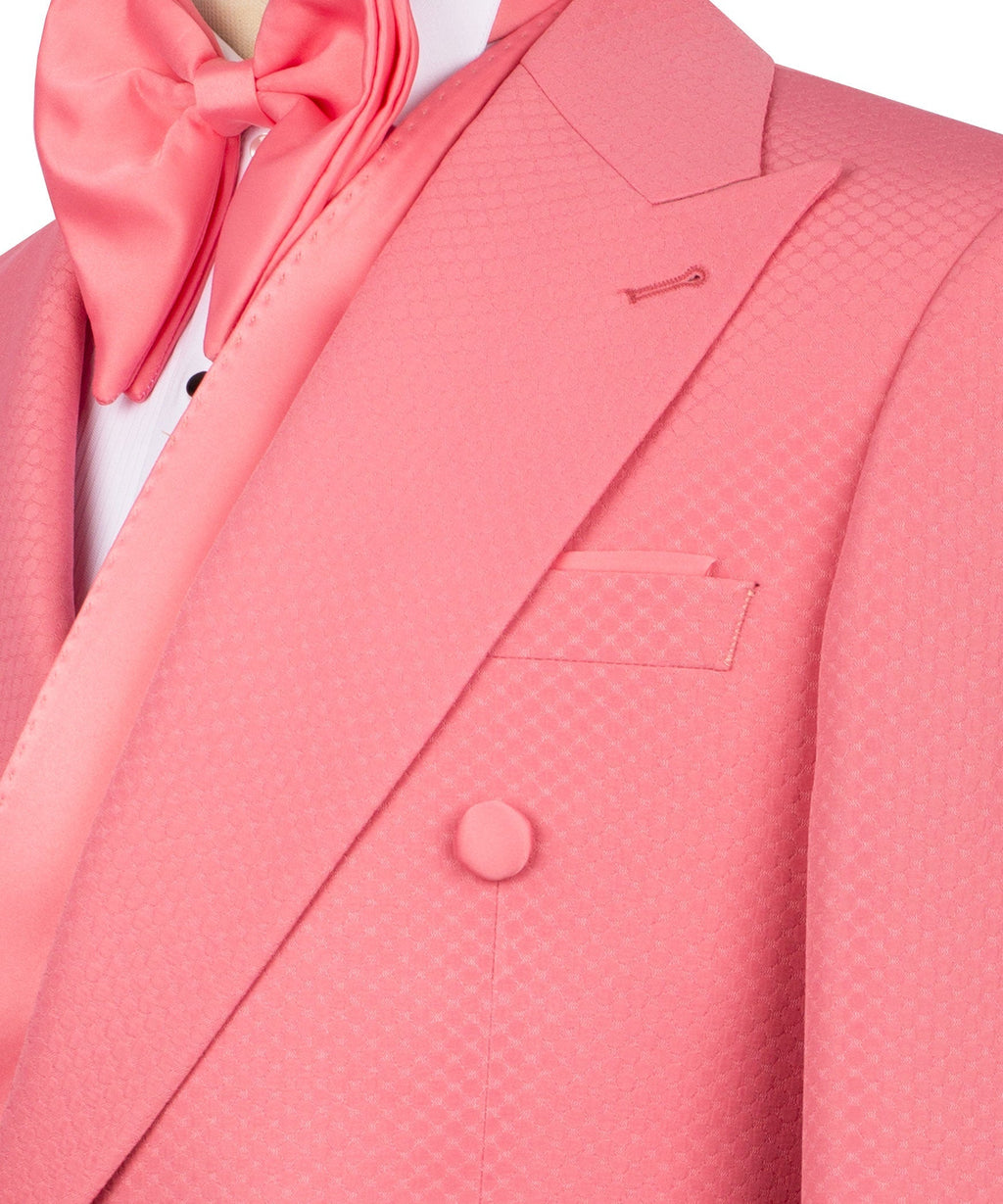 Close-up pink tuxedo jacket: shawl lapel, chest pocket, and double-breasted button