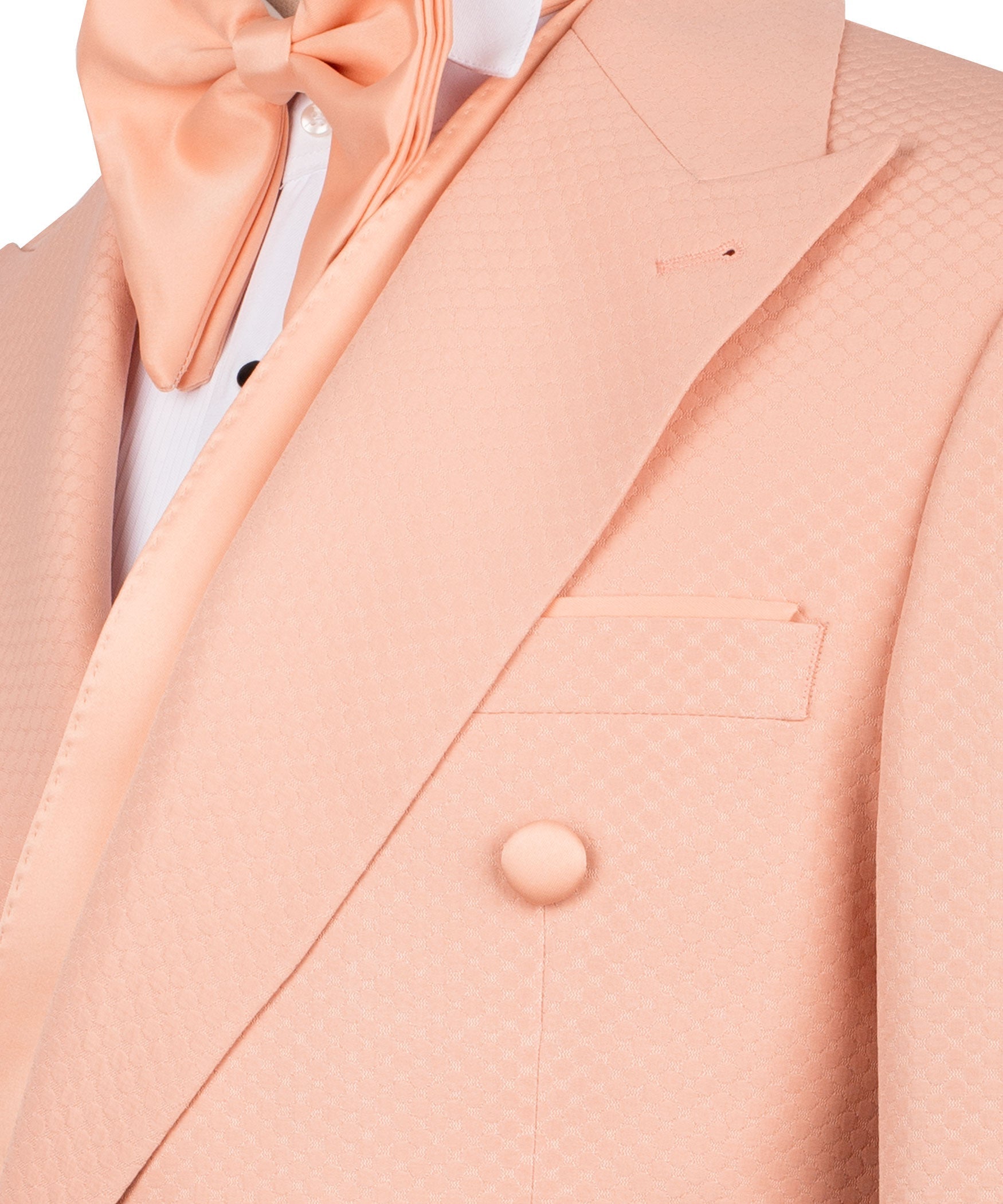 Peach shawl lapel tux jacket close-up with breast pocket and bow tie at neckline