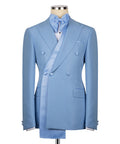 Light blue tuxedo jacket with long shawl lapels, bow tie, and vest