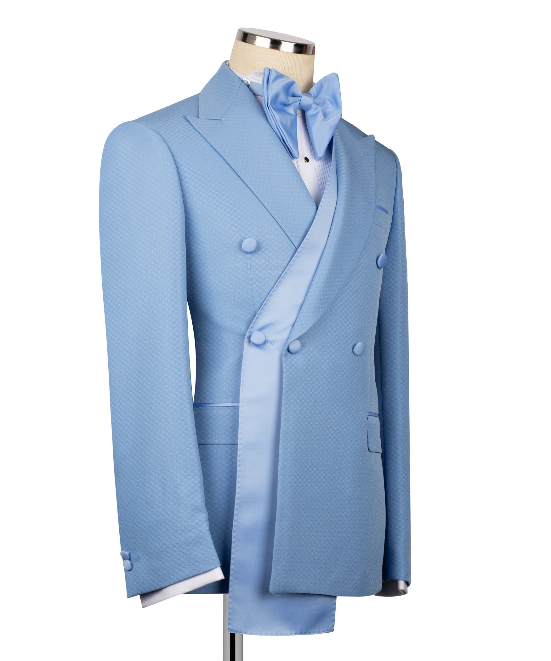 Light blue tuxedo 3-piece set: jacket, vest, and matching long bow tie
