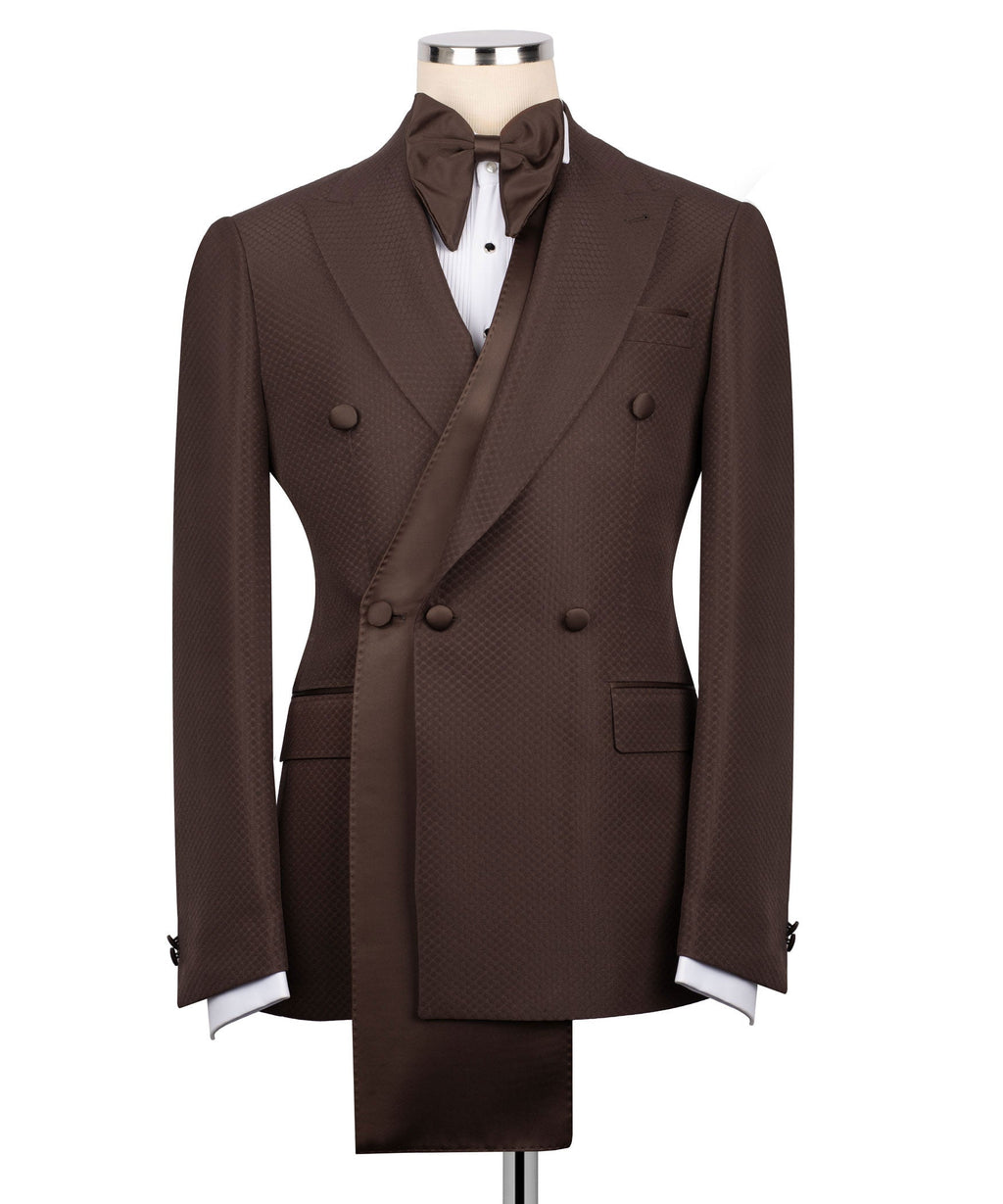 Brown tuxedo jacket with long shawl lapels, bow tie, and matching vest, three-piece set