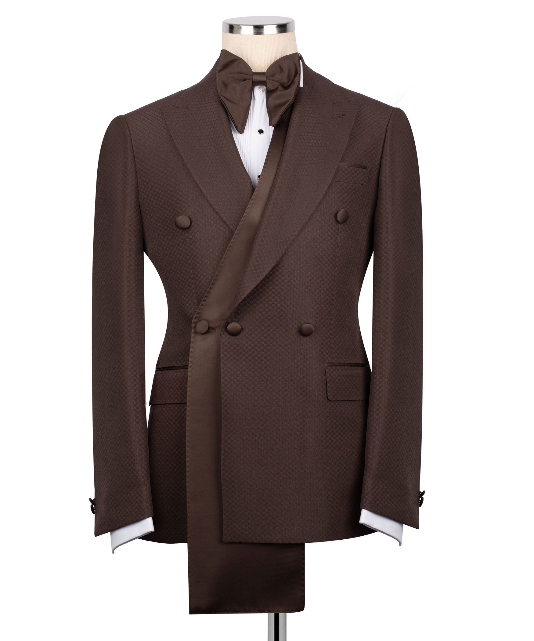 Brown tuxedo jacket with long shawl lapels, bow tie, and matching vest, three-piece set