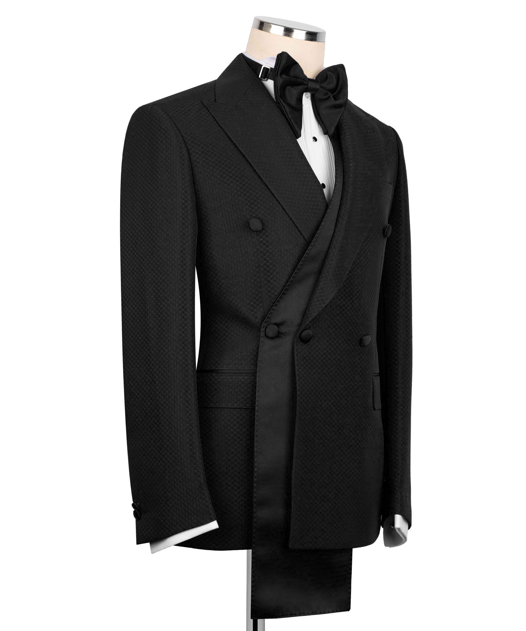 Black tuxedo set: double-breasted jacket with bow tie and matching vest