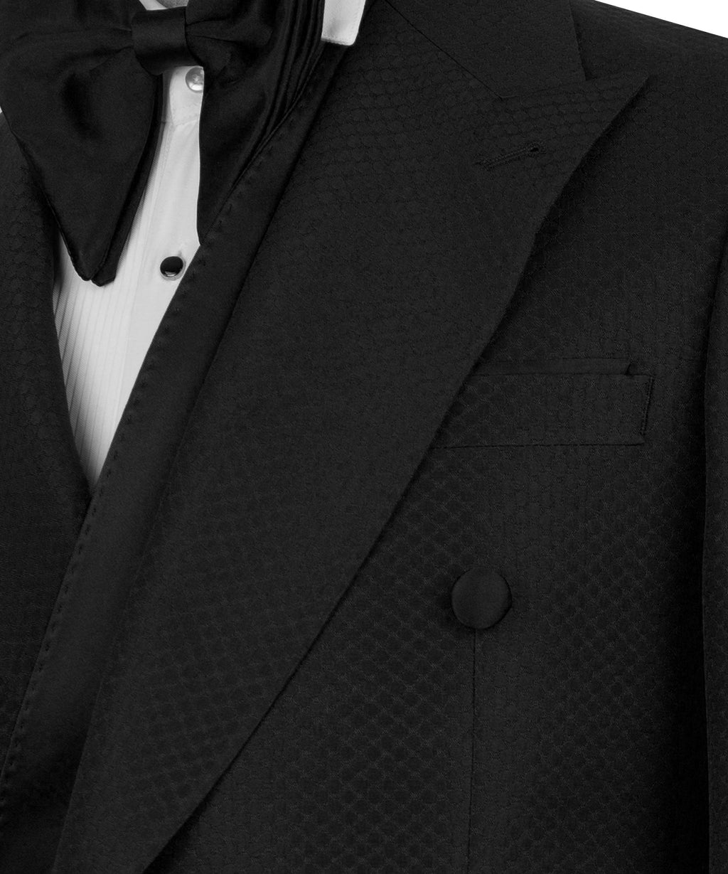 Close-up of black shawl lapel tuxedo jacket with satin trim and buttons
