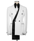 White tuxedo jacket with long shawl lapel and black trim; bow tie and vest