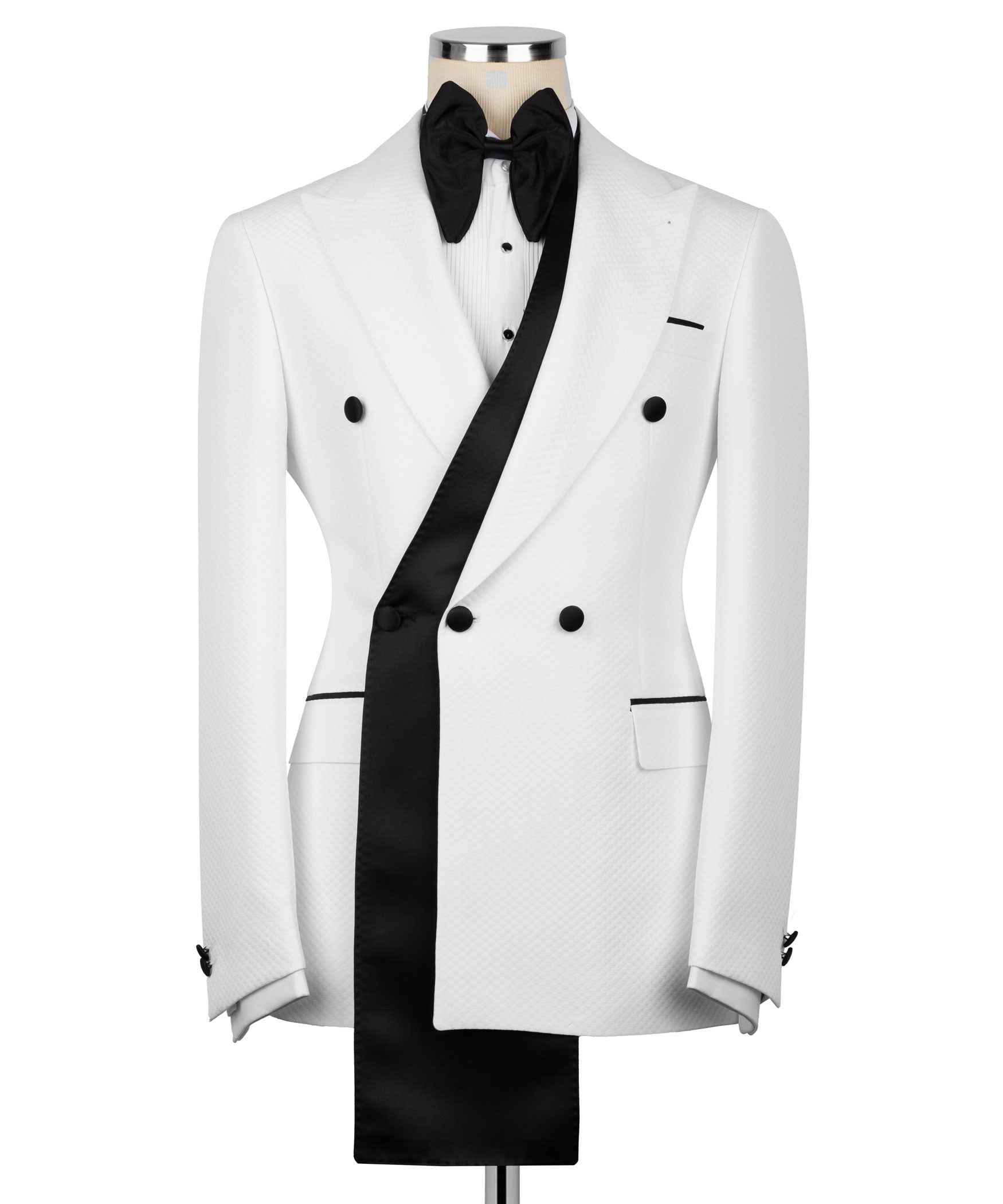 White tuxedo jacket with long shawl lapel and black trim; bow tie and vest