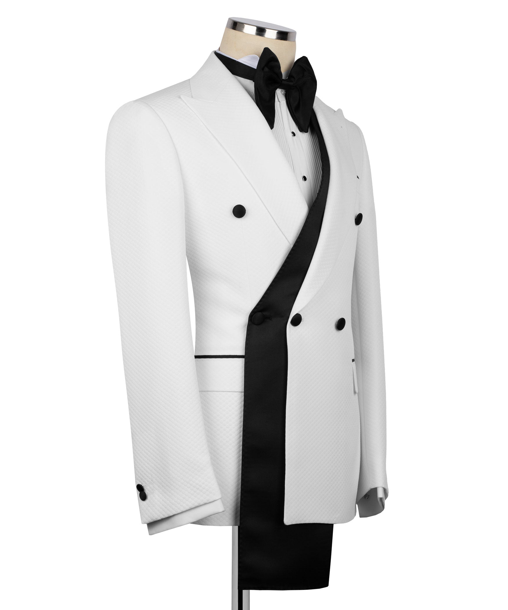 White jacket with double-breasted look, black satin trim, vest and black bow tie