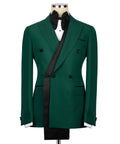 Green tuxedo jacket set with long satin lapels, black bow tie, and matching vest