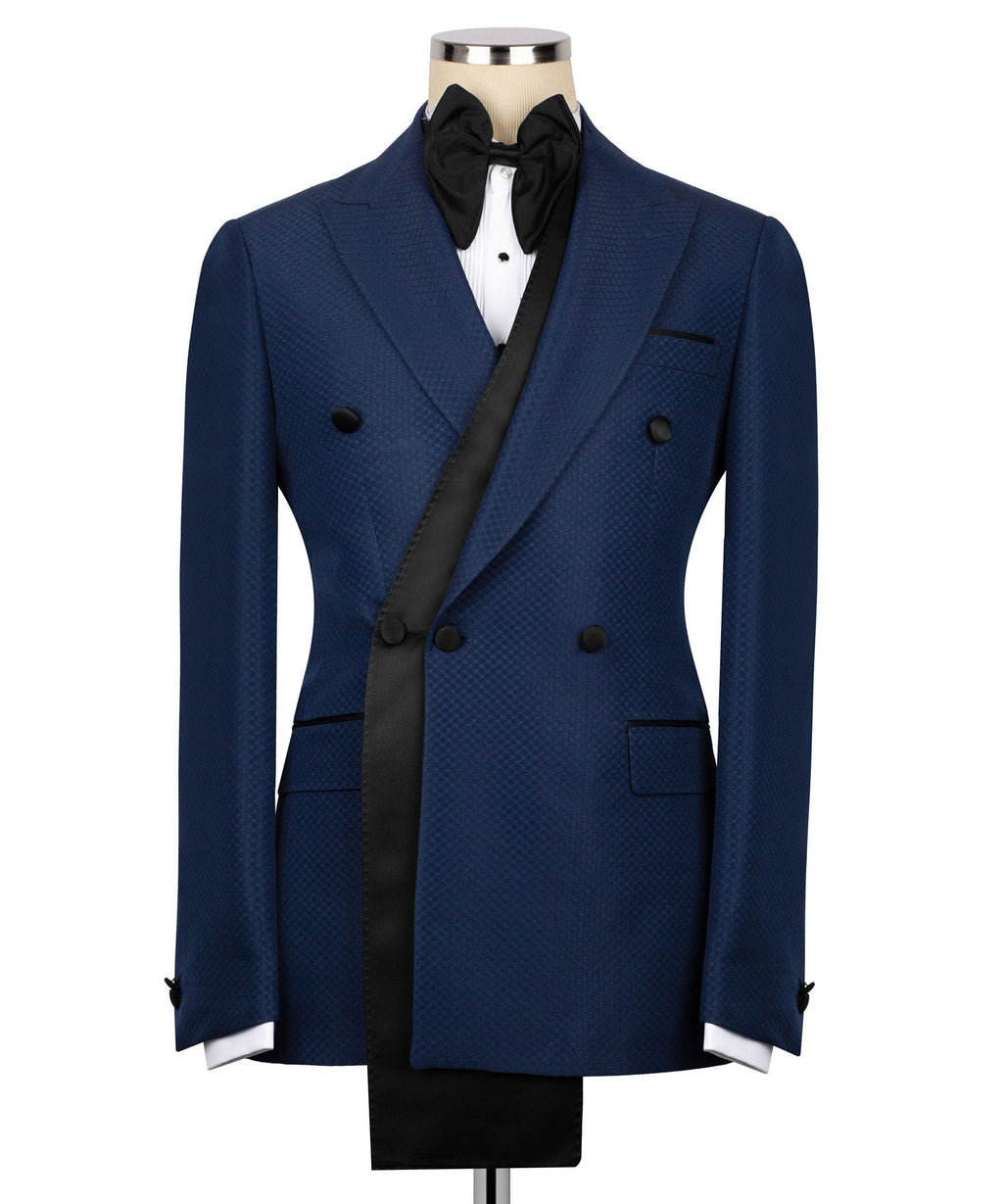 Blue tuxedo jacket with long shawl lapels, black satin trim, double-breasted buttons