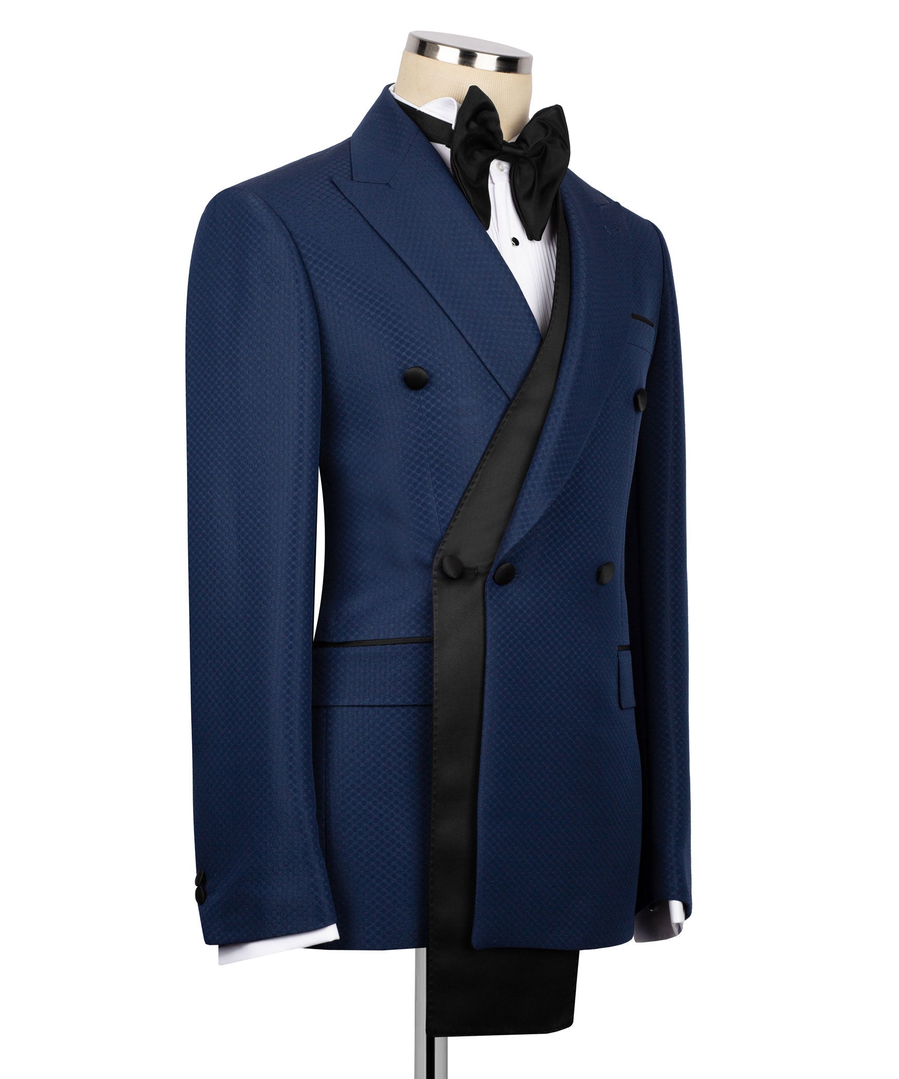 Blue tuxedo three-piece set with vest and jacket, black bow tie