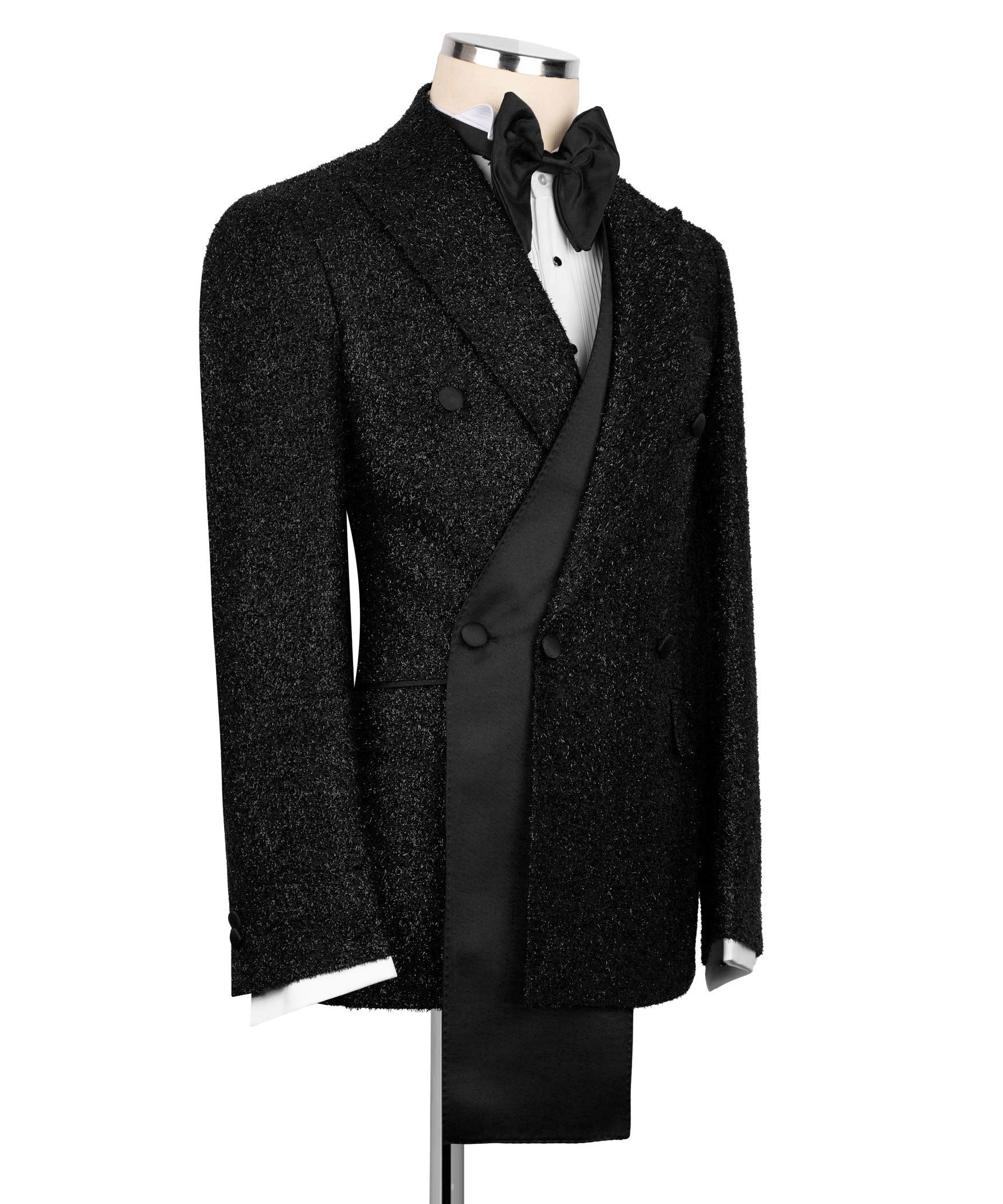 Long tuxedo jacket with shawl lapel, satin-striped waistcoat, and bow tie