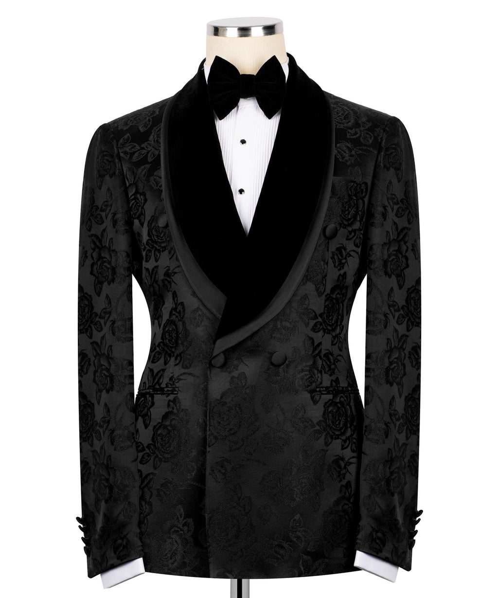 Black double-breasted tuxedo blazer, velvet bow tie, satin lapels