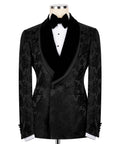 Black double-breasted tuxedo blazer, velvet bow tie, satin lapels