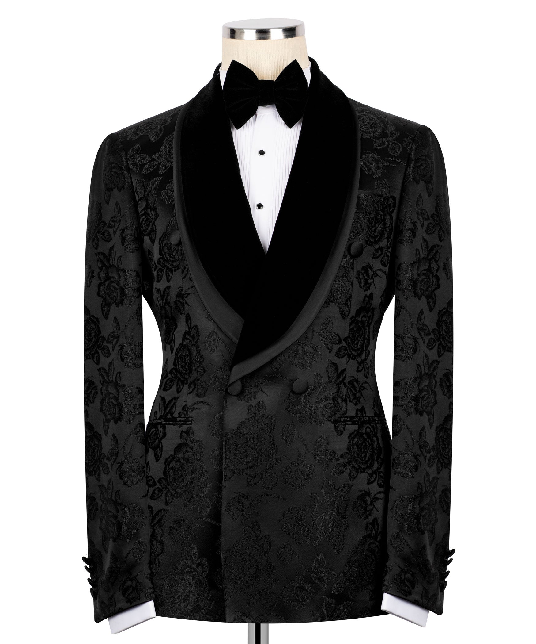 Black double-breasted tuxedo blazer, velvet bow tie, satin lapels