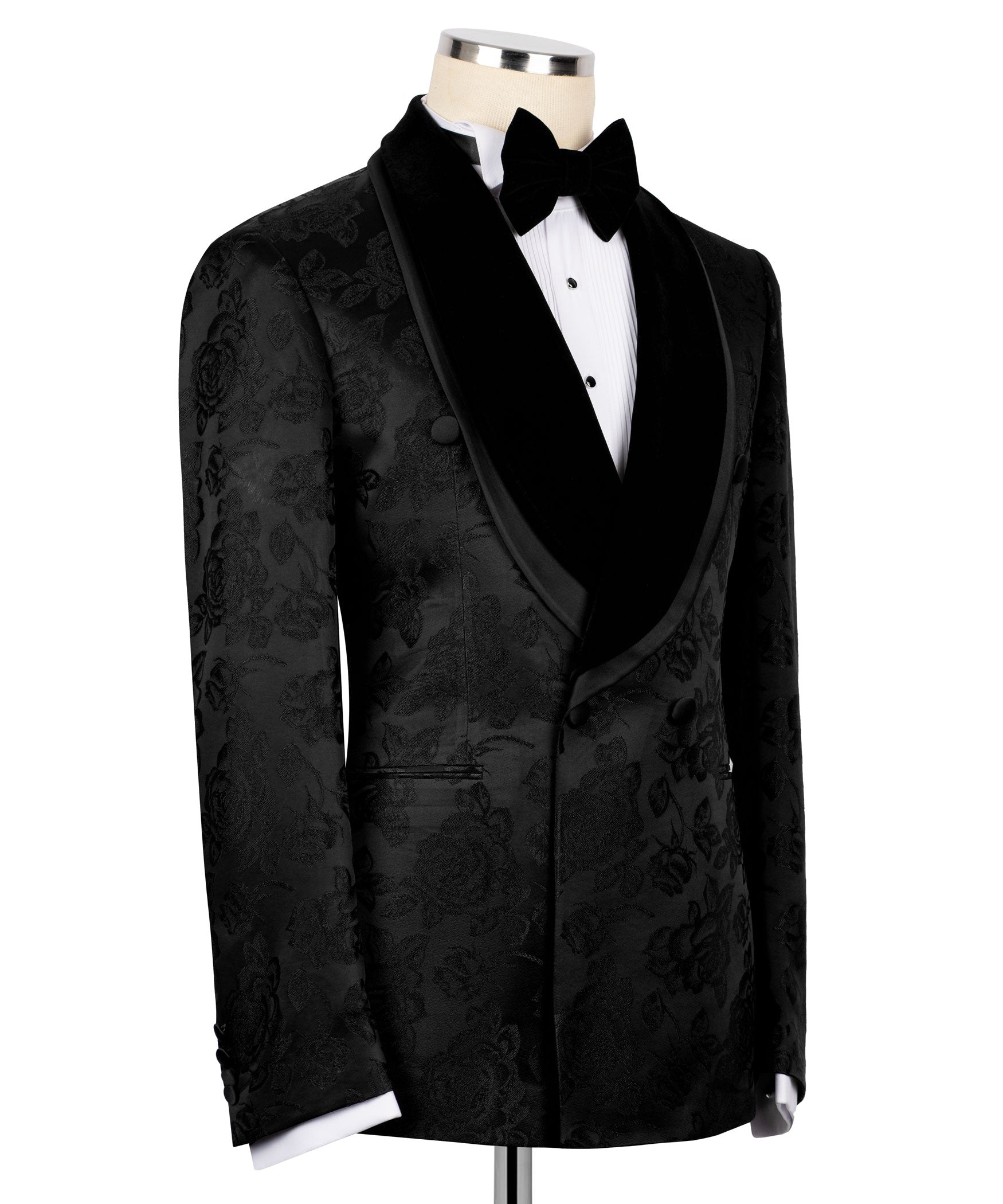 Black double-breasted tuxedo jacket with floral jacquard texture and satin lapel