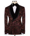 Maroon double-breasted tuxedo jacket with black lapels, rose print, and bow tie