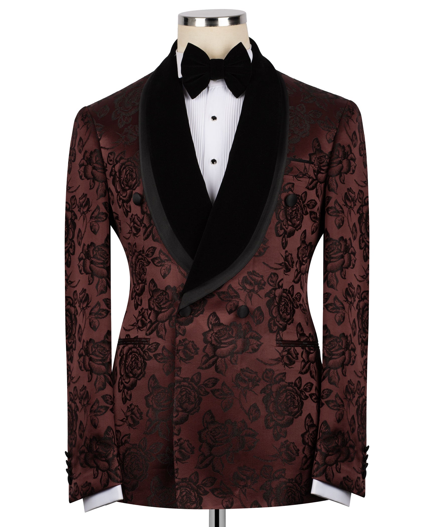 Maroon double-breasted tuxedo jacket with black lapels, rose print, and bow tie