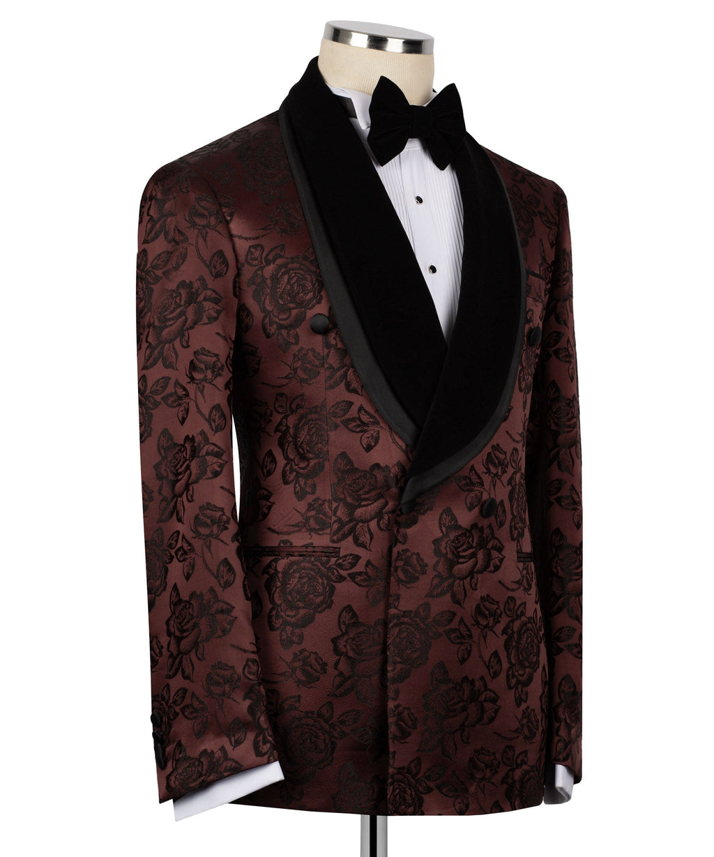 Maroon rose-pattern double-breasted tuxedo jacket, black shawl lapels, buttoned front