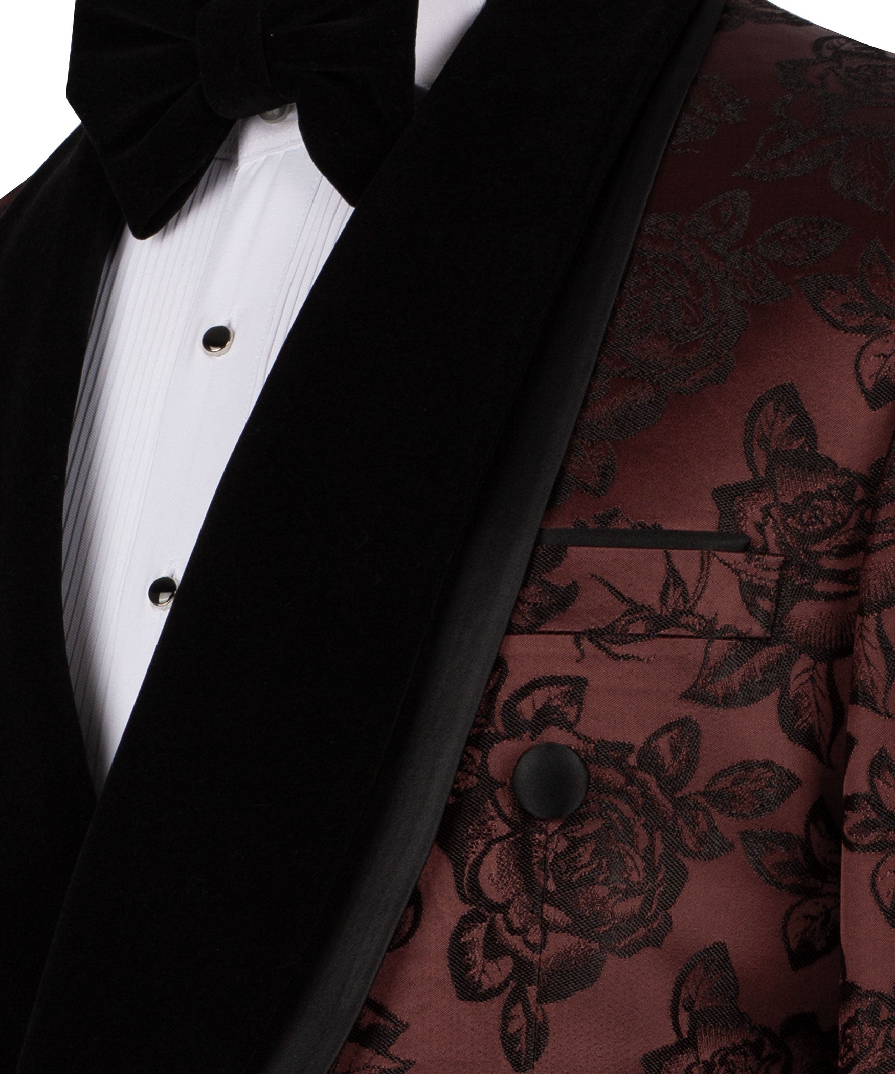 Close-up black tuxedo lapels, maroon rose print, double-breast buttons