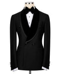 Black double-breasted tuxedo jacket with satin lapels, bow tie, vest