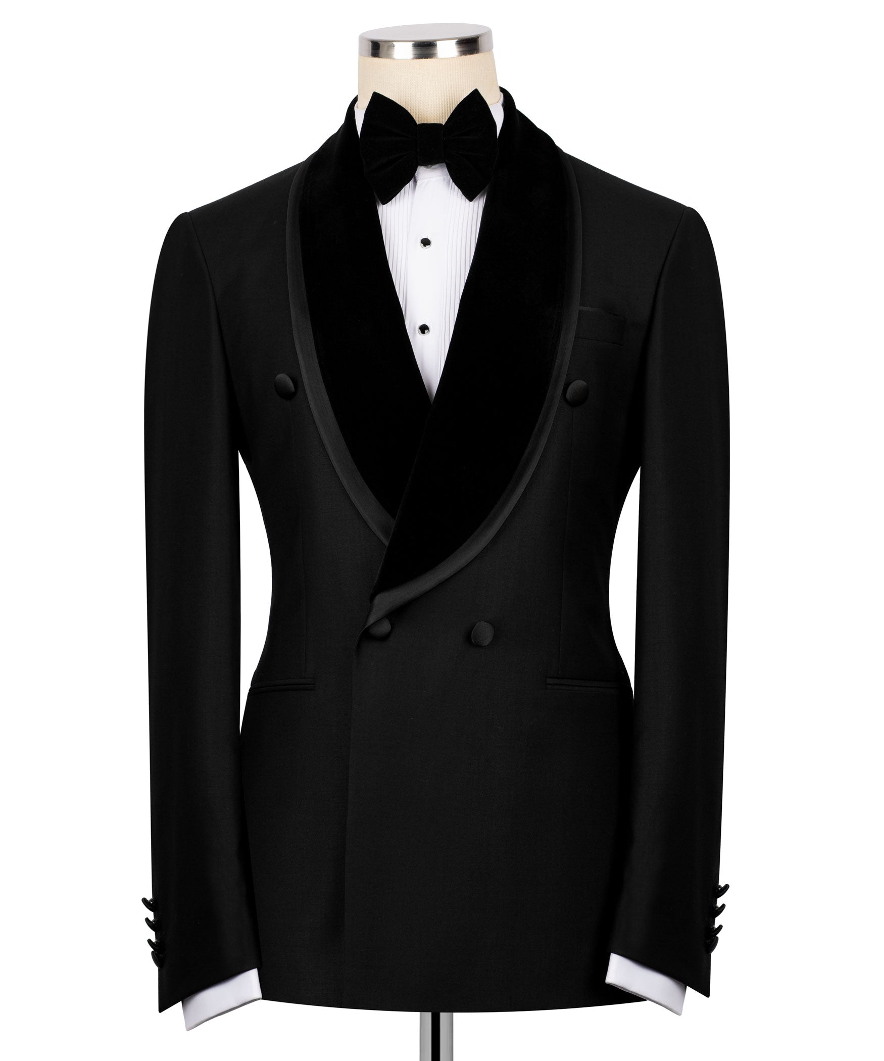 Black double-breasted tuxedo jacket with satin lapels, bow tie, vest